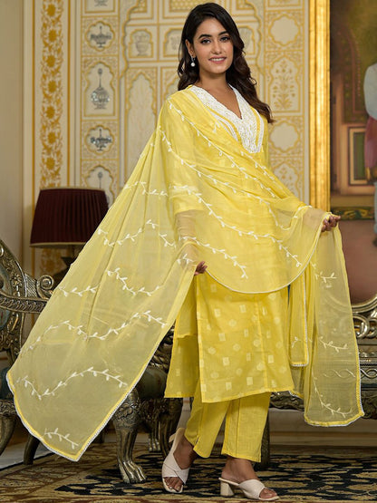 Indyancart VA Women's V Neck Gathered Flared Cotton Kurta with Trouser & Embroidered Dupatta