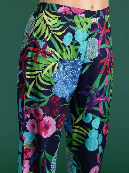 Indyancart IE Tropical Printed V-Neck Pure Cotton Tunic With Trouser