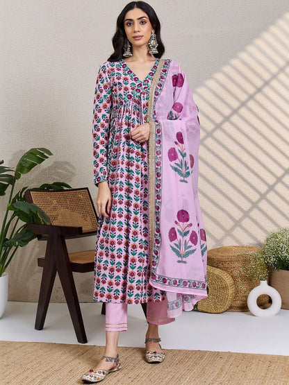 Women Floral Printed Panelled Pure Cotton Kurta with Trousers & With Dupatta