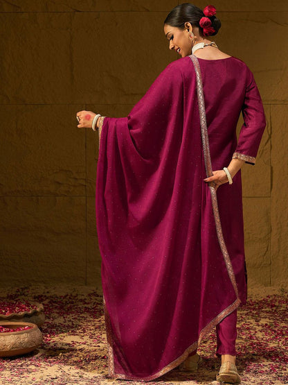 Dhiyona IE Floral Embroidered Jacquard Straight Kurta With Trousers & Dupatta