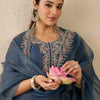 Dhiyona IE Women's Ethnic Motifs Embroidered Thread Work Liva Straight Kurta With Trousers & Dupatta