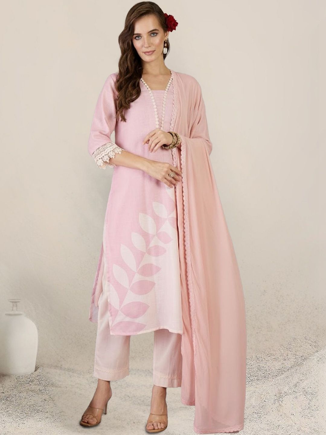Women Floral Printed Regular Thread Work Linen Kurta with Trousers & With Dupatta