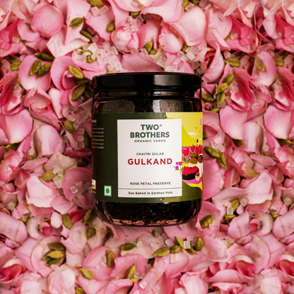 Two Brothers Organic Farms natural Gulkand in a glass jar, a traditional rose-flavored spread for desserts and teas.
