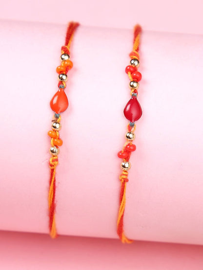 Anouk Orange Set Of 2 Beaded Thread Rakhis With Roli Chawal & Greeting Card