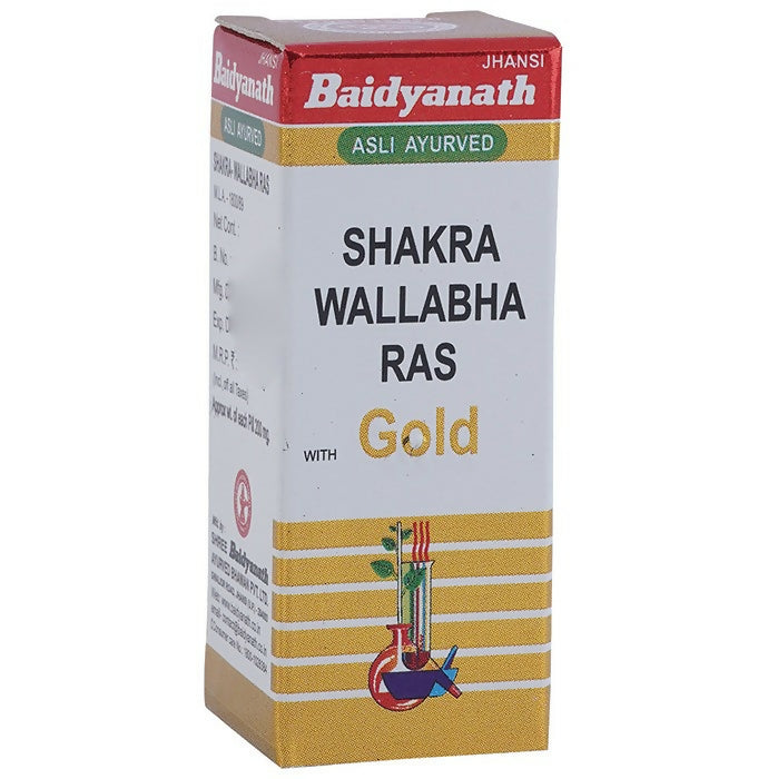 Baidyanath Jhansi Shakra Wallabha Ras Ayurvedic product with gold powder, displayed in a clear container on a white background.
