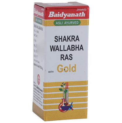 Baidyanath Jhansi Shakra Wallabha Ras Ayurvedic product with gold powder, displayed in a clear container on a white background.