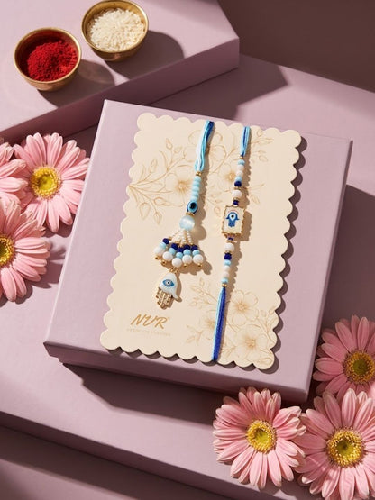 Anouk Set Of 2 Evil Eye Hand Design Bhaiya Bhabhi Rakhi With Roli Chawal Chandan Mishri