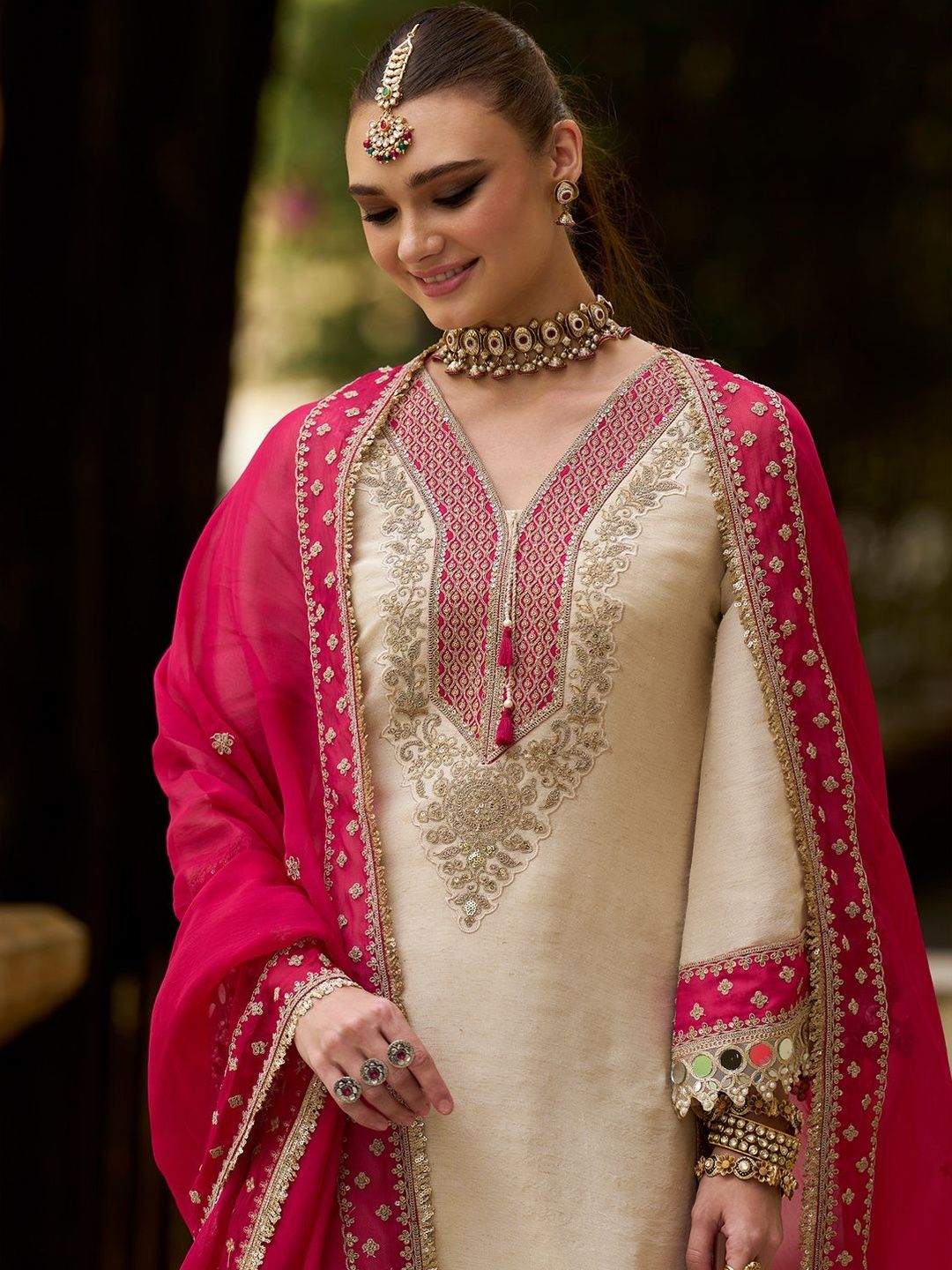 Women Ethnic Motifs Embroidered Regular Mirror Work Kurta with Trousers & With Dupatta
