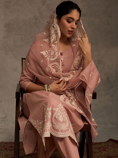 Women Ethnic Motifs Regular Thread Work Pure Cotton Kurta with Trousers & With Dupatta