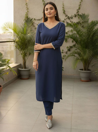 Women V-Neck Straight Kurta with Trouser