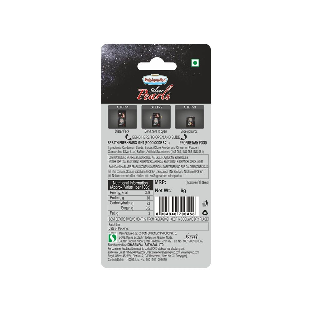 Rajnigandha Silver Pearls mouth freshener in a clear container with silver pearls, showcasing the product packaging.
