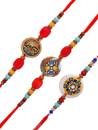 Anouk Set Of 3 Red Beaded Rakhi With Roli Rice & Greeting Card