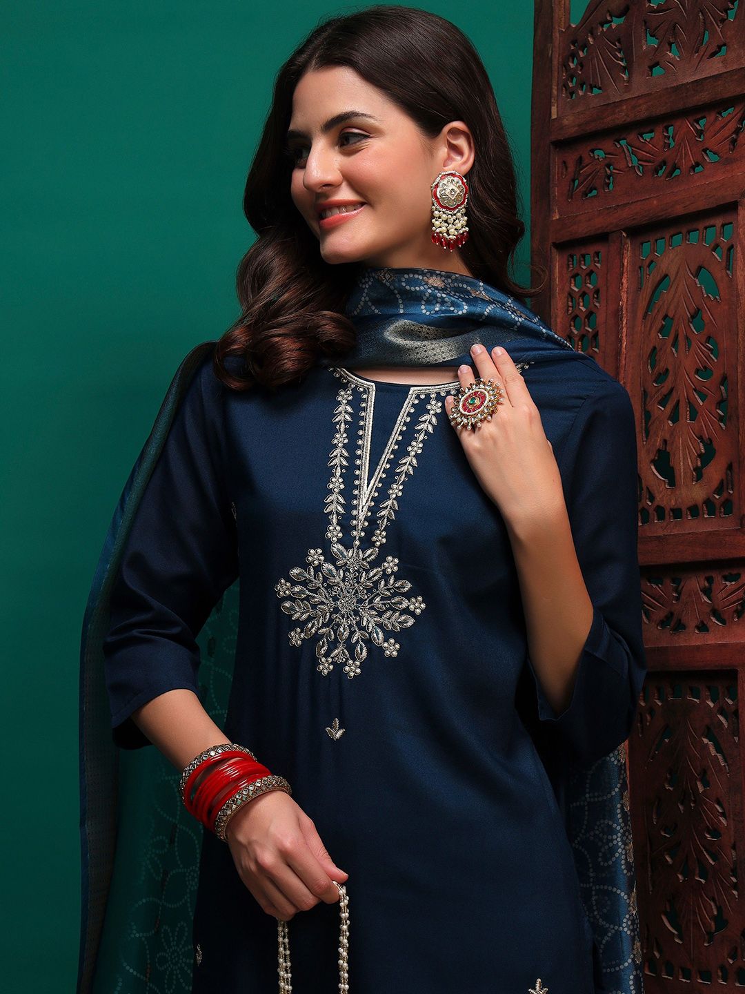 Indyancart SN Women's Sequin Embroidered Straight Kurta & Trousers With Dupatta