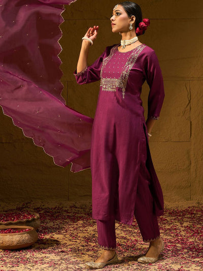 Indyancart IE Ethnic Motifs Embroidered Sequinned Liva Straight Kurta With Trousers & Dupatta