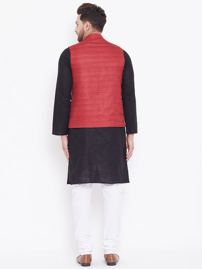 Men's Black Cotton Blend Straight Jacket  Kurta and Pyjama Set