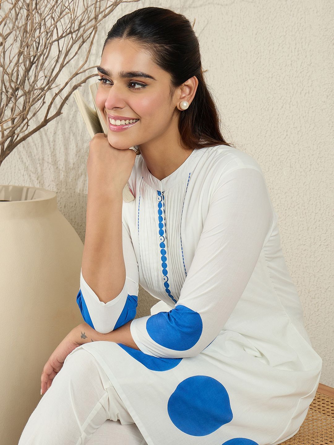 Dhiyona IE Printed Pure Cotton Mandarin Collar Neck Top With Trousers Co-Ords