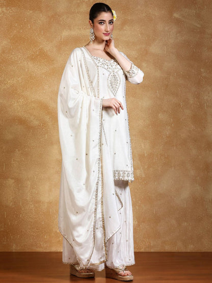 Indyancart VA Women Floral Embroidered Kurta with Sharara & Dupatta