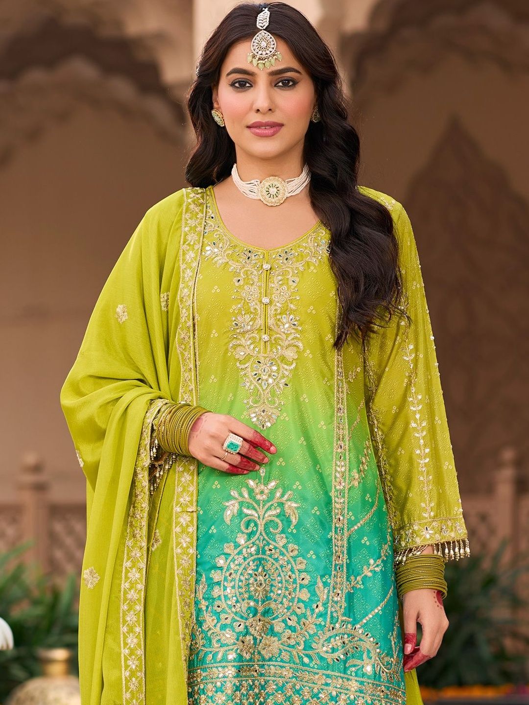 Indyancart IE Women Ombre Embroidered Regular Kurta with Sharara & With Dupatta