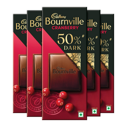 Cadbury Bournville Cranberry Dark Chocolate Bar showing the chocolate with cranberry pieces on the packaging