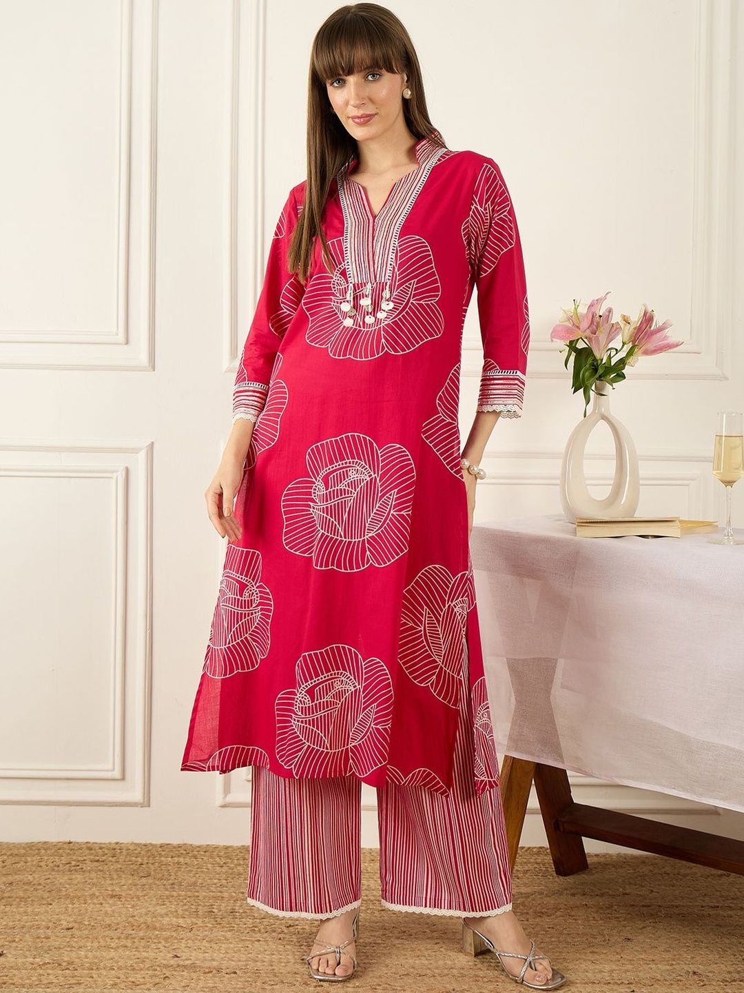 Indyancart IE Printed V-Neck Three-Quarter Sleeves Pure Cotton Tunic And Trousers