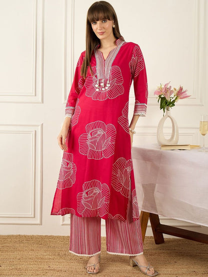 Indyancart IE Printed V-Neck Three-Quarter Sleeves Pure Cotton Tunic And Trousers