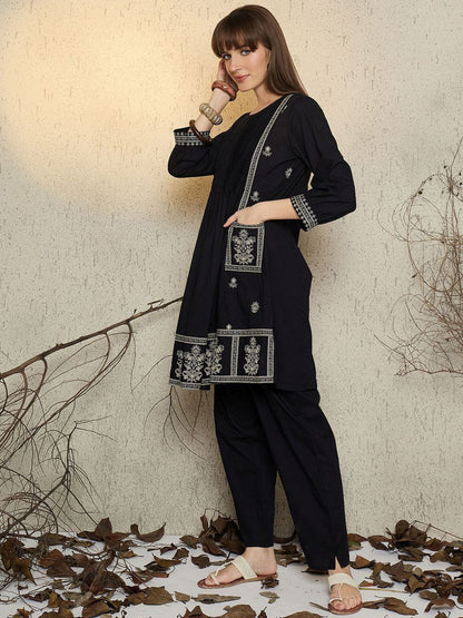 Dhiyona IE Women Embroidered Round Neck Cotton Top and Trousers Co-Ords