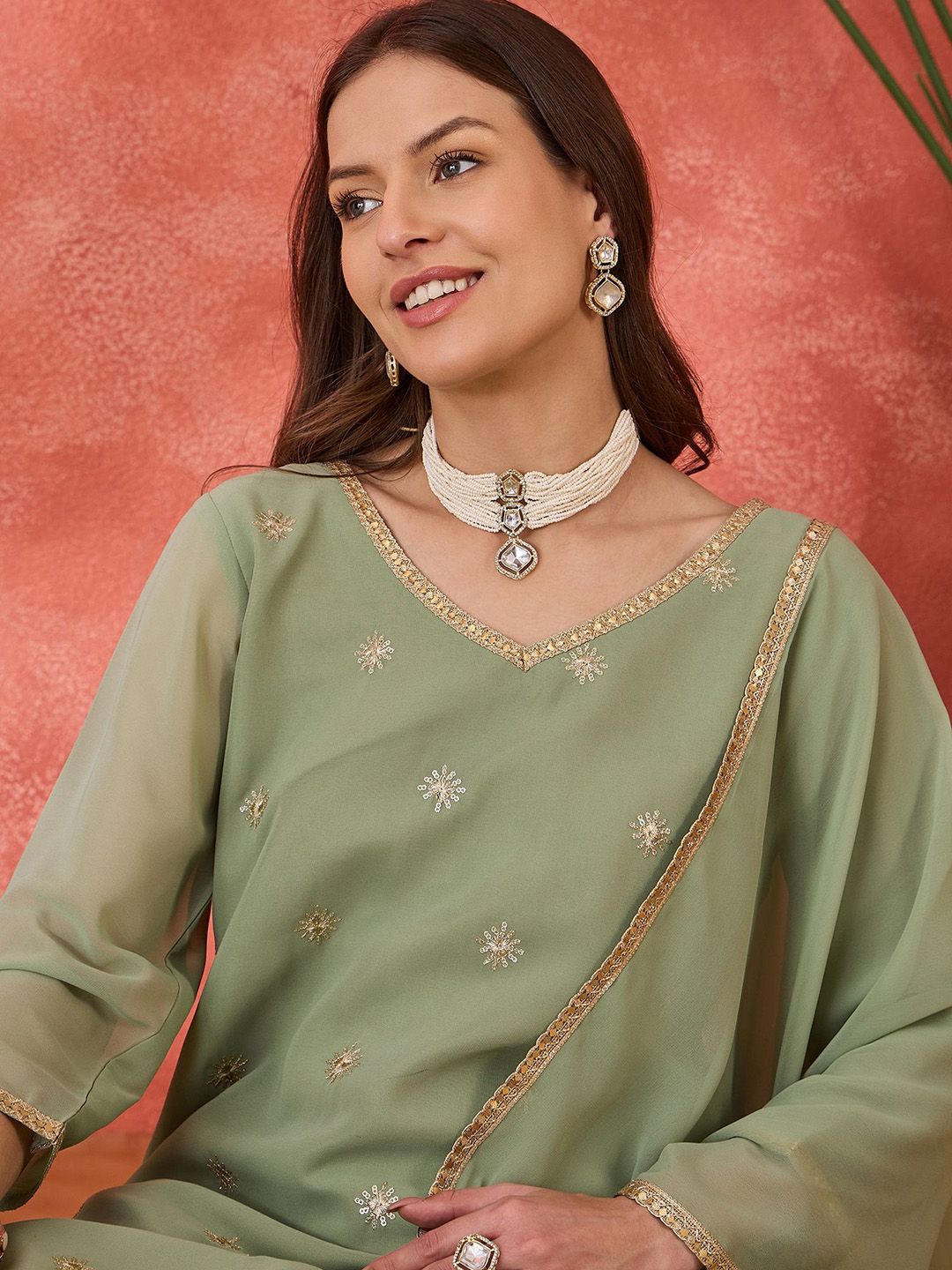 Indyancart SN Women's Ethnic Motifs Embroidered V-Neck Kurta & Sharara With Dupatta