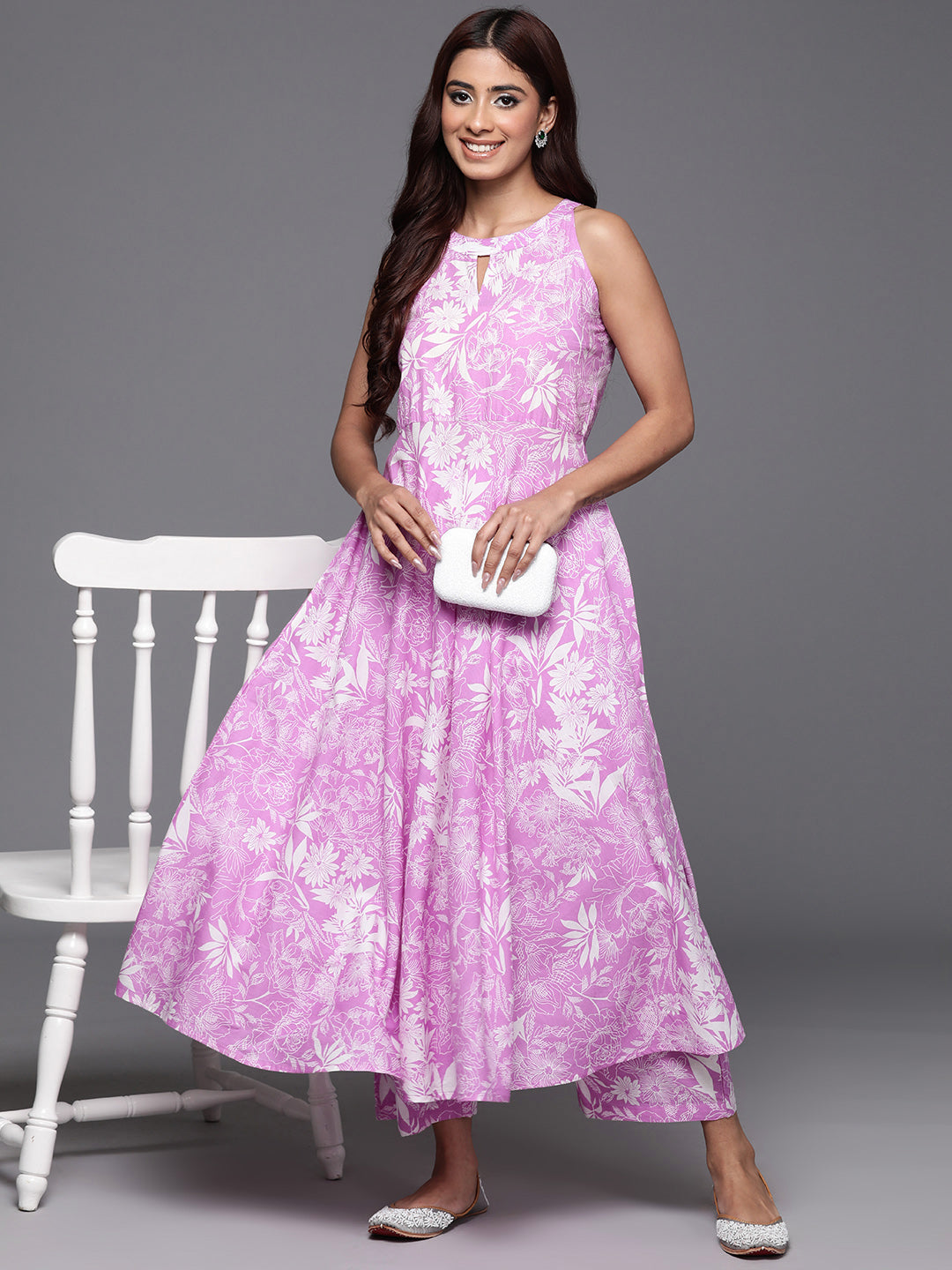 Dhiyona VR Women's Lavender Floral Printed Halter Neck Anarkali Kurta With Bottom