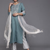 Dhiyona VR Women's Blue & Silver Sequinned Yoke Design Kurta With Trousers & Dupatta
