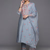 Dhiyona VR Women's Blue Embroidered Kurta Paired With Tonal Bottom And Organza Embroidered Dupatta