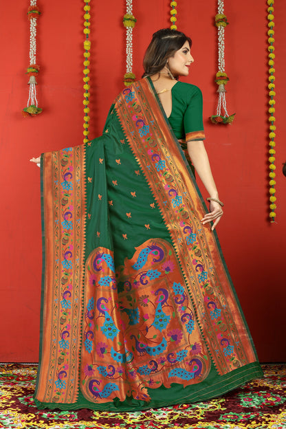 Dhiyona GR Women's Fancy Mor Bottle Green Zari Paithani Silk Saree