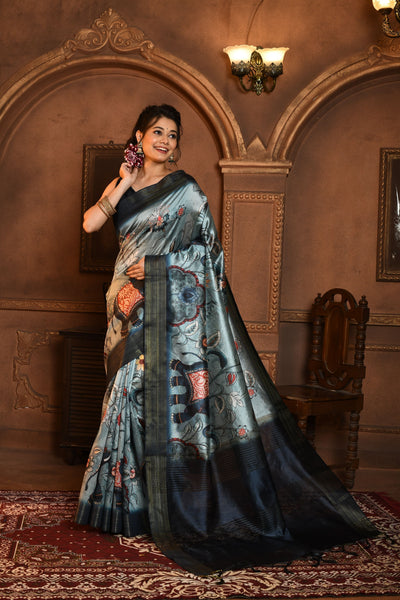 Indyancart GR Women's Grey & Navy Soft Ghicha Tussar Silk Saree with Beautiful Kalamkari Printed Work