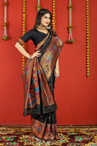 Indyancart GR Women's Fancy Mor Black Zari Paithani Silk Saree