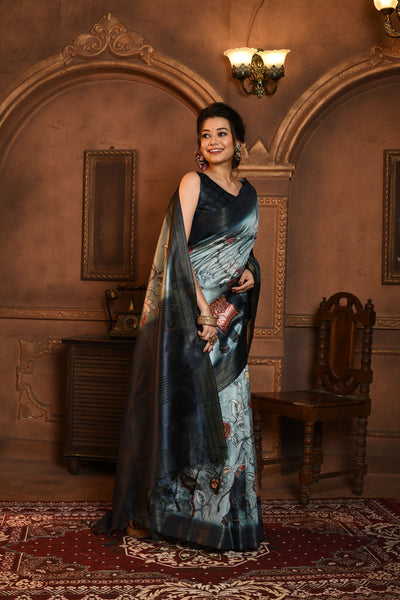Indyancart GR Women's Grey & Navy Soft Ghicha Tussar Silk Saree with Beautiful Kalamkari Printed Work