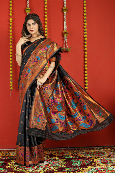 Indyancart GR Women's Fancy Mor Black Zari Paithani Silk Saree