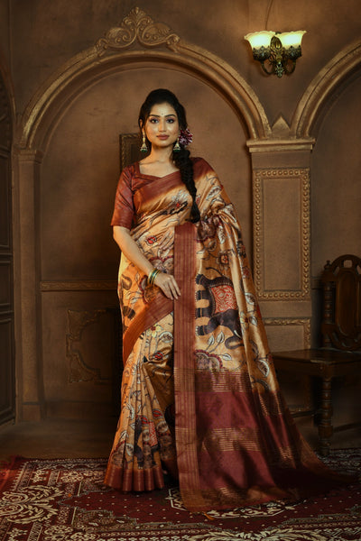 Indyancart GR Women's Beige & Maroon Soft Ghicha Tussar Silk Saree with Beautiful Kalamkari Printed Work