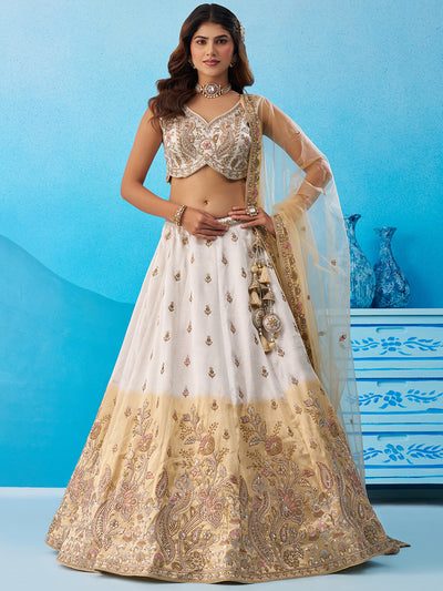 Tissue Beads & Sequins Embroidered Omber Beige and Cream Semi-Stitched Lehenga choli & Dupatta