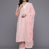 Dhiyona VR Women's Pink V Neck Thread Embroidered With Tonal Bottom And Chiffon Dupatta