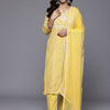 Dhiyona VR Women's Mustard Woven Design Round Neck, Three Quarter Sleeves Paired With Tonal Bottom And Dupatta