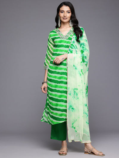 Indyancart VR Women's Green Leheriya Zari And Sequins Embroidered Kurta Set With Dupatta