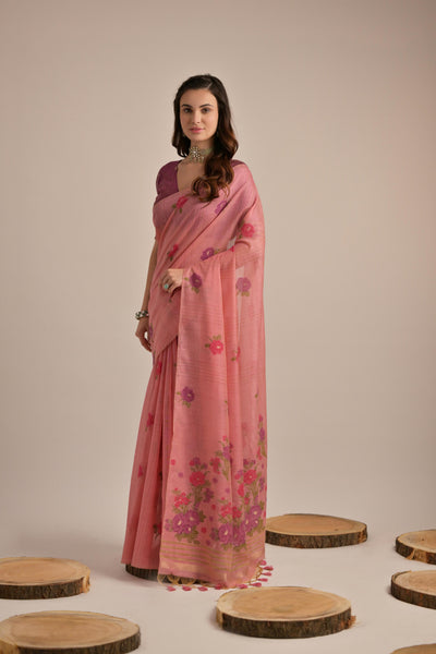 Indyancart GR Women's Arisaa Pink Muga Cotton Saree