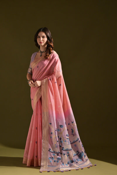 Indyancart GR Women's Siara Pink Muga Cotton Saree