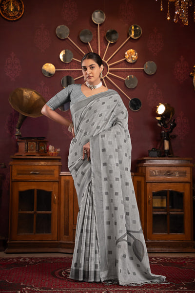 Indyancart GR Women's Maitri Grey Linen Woven Saree