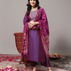 Dhiyona VR Women's Voilet Zari Embroidered Kurta With Three Quater Sleeves Paired With Tonal Bottom And Dupatta