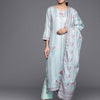 Dhiyona VR Women's Blue Stripe Printed Straight Kurta Paired With Tonal Bottom And Dupatta