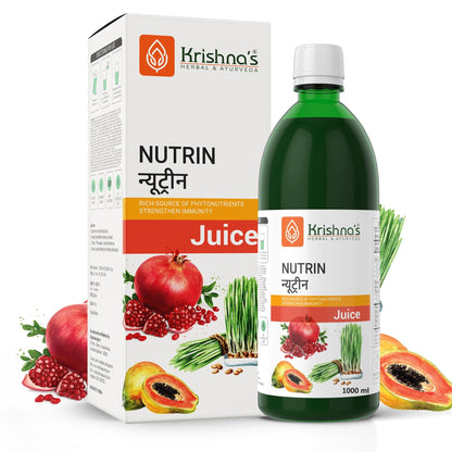 Krishna's Herbal & Ayurveda Nutrin Juice bottle with colorful label, showcasing herbal ingredients in a natural Ayurvedic drink.