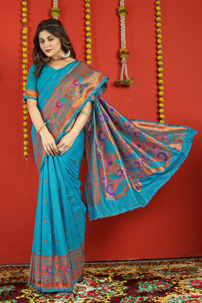 Indyancart GR Women's Fancy Mor Cyan Blue Zari Paithani Silk Saree