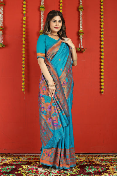 Indyancart GR Women's Fancy Mor Cyan Blue Zari Paithani Silk Saree