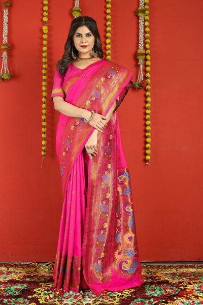 Indyancart GR Women's Fancy Mor Hot Pink Zari Paithani Silk Saree