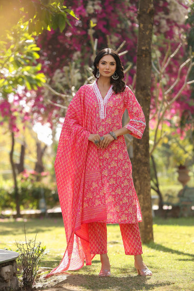 Indyancart VR Women's Pink V Neck Crochet Lace Detailed Kurta With Printed Bottom And Dupatta